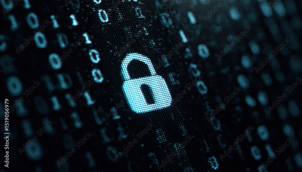 Aufkleber Digital illustration of cybersecurity concept, featuring a lock symbol and binary code on a digital screen background