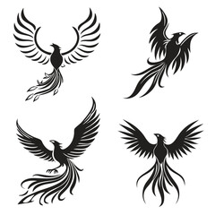 Fototapeta premium Black phoenix bird illustrations in various poses suitable for graphic design and branding