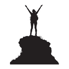 Hiker standing on a cliff edge arms vector silhouette