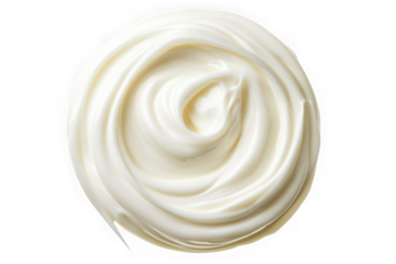 Top view creamy swirl texture, dairy product, food ingredient, dessert topping, frosting, white color isolated on transparent background