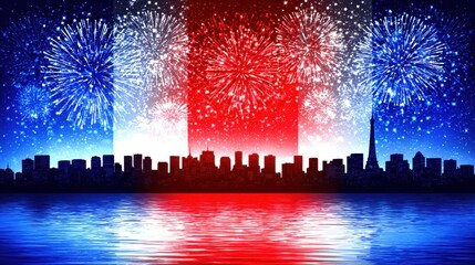 A Night of French Festivity: A stunning depiction of Parisian skyline during a fireworks display in the colors of the French flag, celebrating national pride and unity.