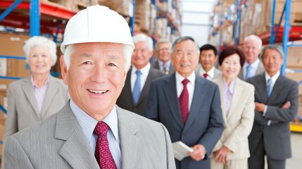 Warehouse Team's Dedication: A group of dedicated warehouse team members in a storage facility, each exuding professionalism and teamwork, captured in a realistic shot.