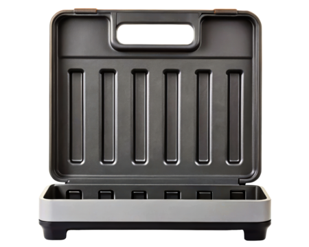 Open black tool case with compartments for organized storage on a transparent background