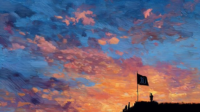 Colorful sunset sky with flagpole silhouette