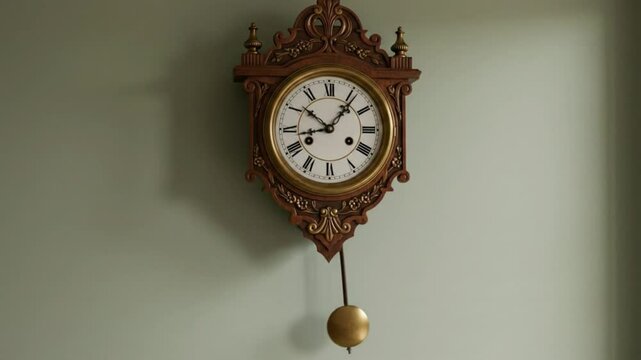 Elegant antique wall clock featuring a round face with Roman numerals, framed in decorative wood with a classic pendulum swinging. Its vintage charm and time-telling accuracy create an eye-catching pi