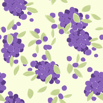 Tileable grape pattern illustration with purple grapes and green leaves