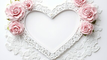 Heart-shaped frame adorned with pink roses and lace
