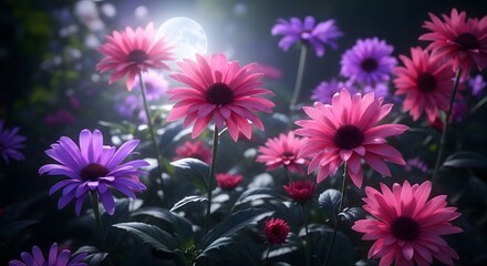Moonlit Garden: Pink and Purple Flowers