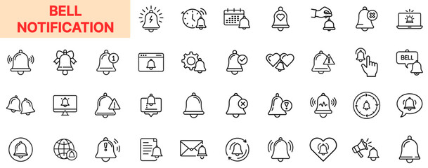 Bell Notification Line Icon Design Featuring Alarm Bells, Message Popups, Alert Circles, Sound Waves, Reminder Icons, Click Buttons, Clock Timers, and System Prompts