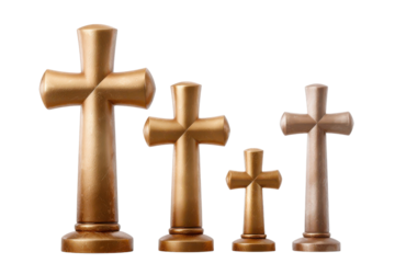 A set of elegant shiny golden crosses displayed in a hierarchical pattern representing the religious and spiritual symbolism of Christianity