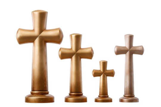 A set of elegant shiny golden crosses displayed in a hierarchical pattern representing the religious and spiritual symbolism of Christianity