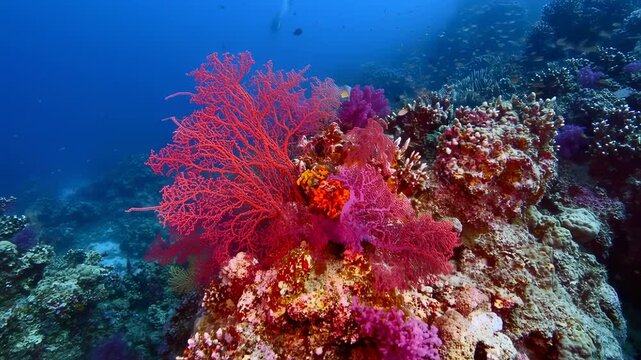 Colorful coral reef with vibrant soft corals swaying gently underwater paradise
