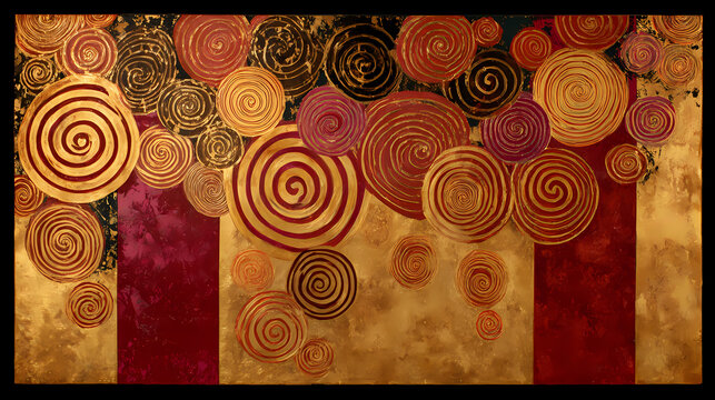 fine art series promo | ritual beauty | eternal devotion | deep ochre and crimson | pattern density | gold spirals | flat body abstraction | textured glazing | romantic decay | vienna secession |
