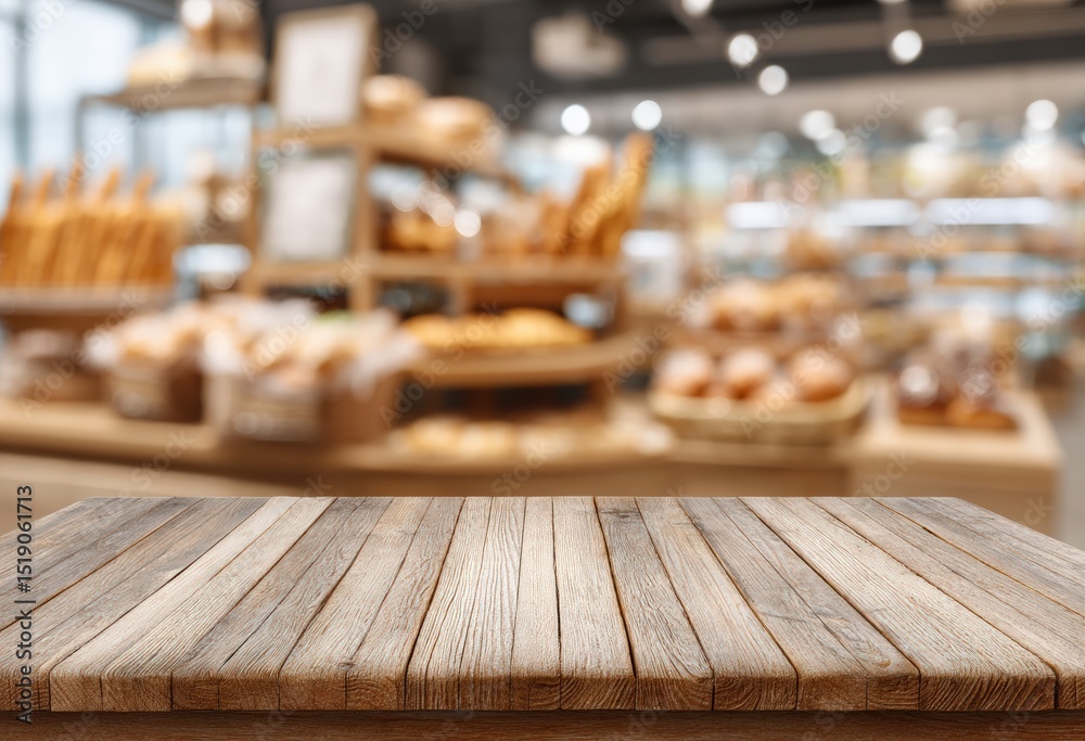 Aufkleber empty wooden tabletop set against a blurred bakery backdrop, offering ample space for showcasing pro