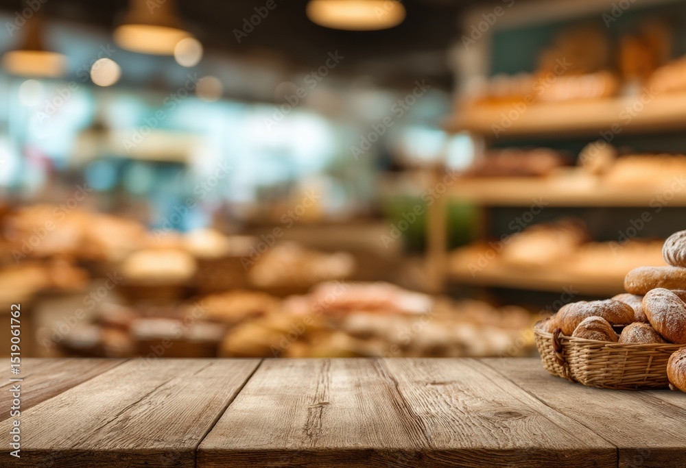 Poster wooden table with blurred bakery background providing ideal space for product placement and showcasi