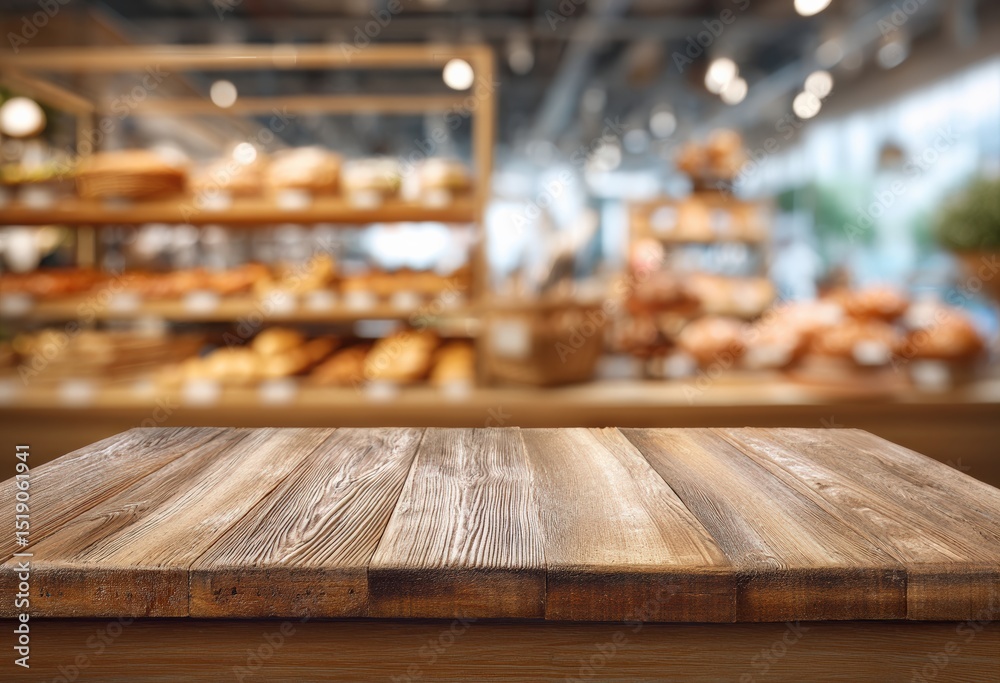 Aufkleber empty wooden tabletop set against a blurred bakery background, offering ample space for creative pro