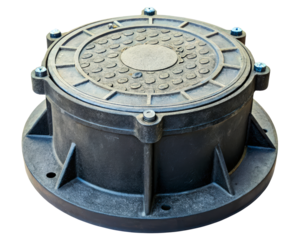 Sturdy round manhole cover with textured surface and secure bolts on a transparent background