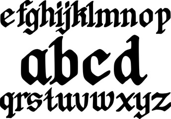 A full set of lowercase letters a to z in an ornate Blackletter Gothic style. This traditional and vintage-inspired typeface is ideal for medieval themes, tattoo designs, certificates, heraldic graphi