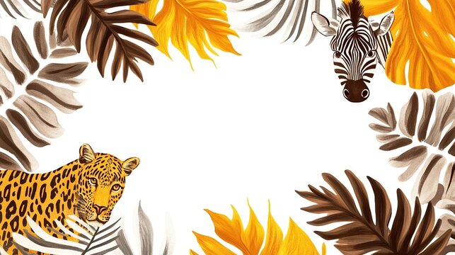 Tropical animal border with leopard and zebra, framed by vibrant leaves