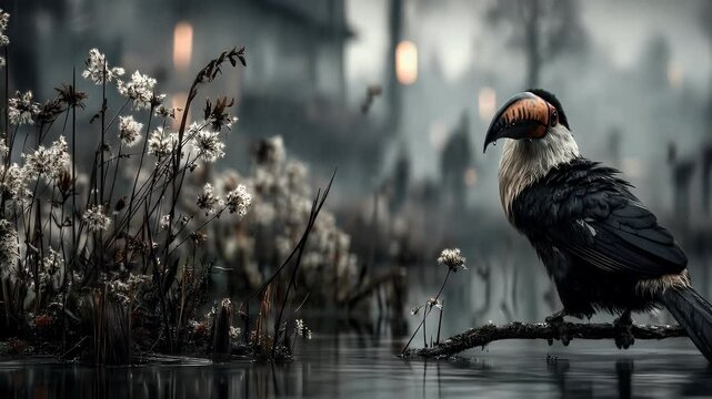 Dark toucan bird on branch over water nature wildlife photography