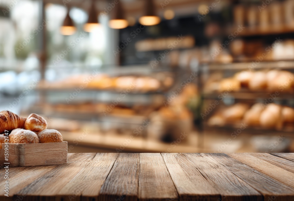 Aufkleber Empty wooden table top with blurred bakery background provides ideal space for product placement and display