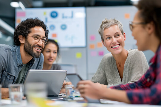 Digital workflow session, enterprise environment with multicultural staff, tablets, laptops, charts on wall monitor 
