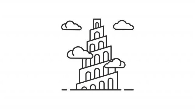 Babylon tower line animation. Babel history animated icon. Building levels showing up. Ancient construction, architecture. Outline element on white background. HD video with alpha channel