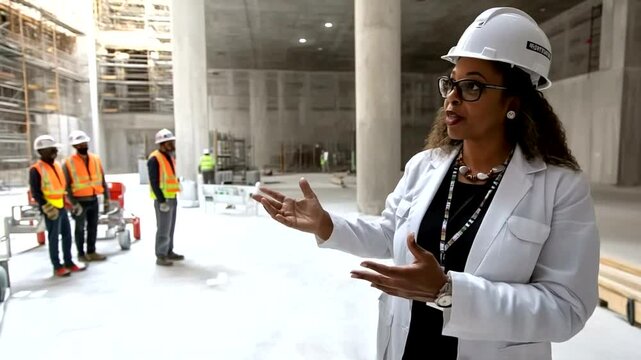 Construction site visit by woman in white coat