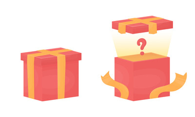 Open and closed mystery box. Red gift box with yellow ribbon with question mark. Surprise
