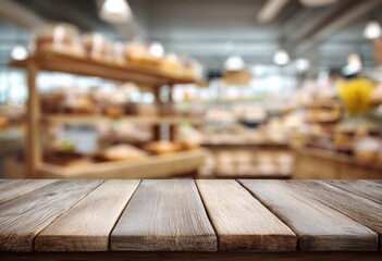 Featuring an empty wooden tabletop set against a blurred bakery shop background, ideal for showcasing product displays and marketing materials