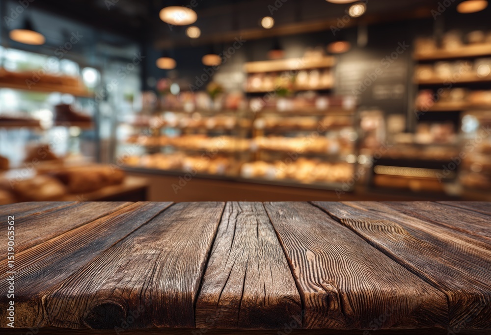 Aufkleber empty wooden table top with blurred bakery background provides ideal space for product placement and