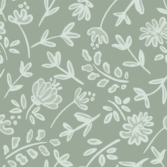 Line drawing of flowers, leaves and sprigs scattered to form a minimalist botanical pattern in shades of green. Floral seamless vector pattern. Great for home decor, fabric, wallpaper, gift wrap, etc.