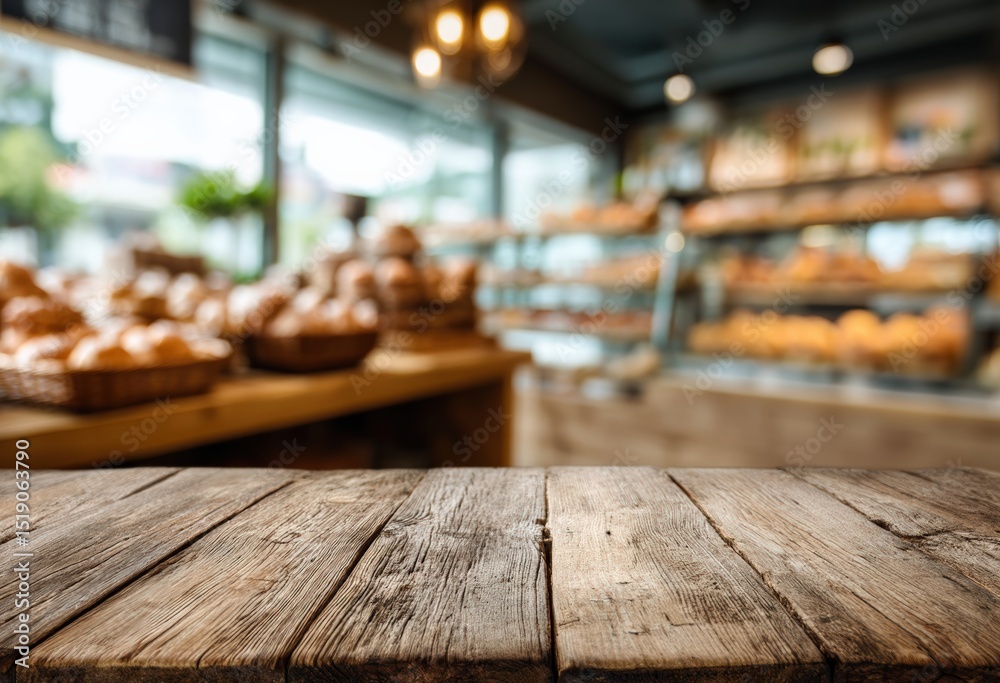 Poster Empty wooden table top with blurred bakery shop background provides ideal space for product placement