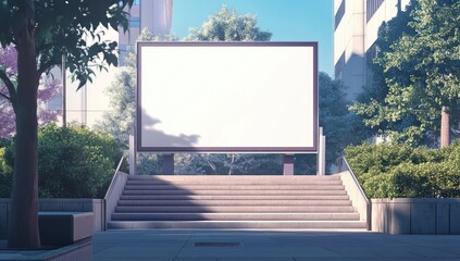 A blank white poster in an outdoor advertising stand, set against the backdrop of modern architecture and surrounded by steps leading to it.