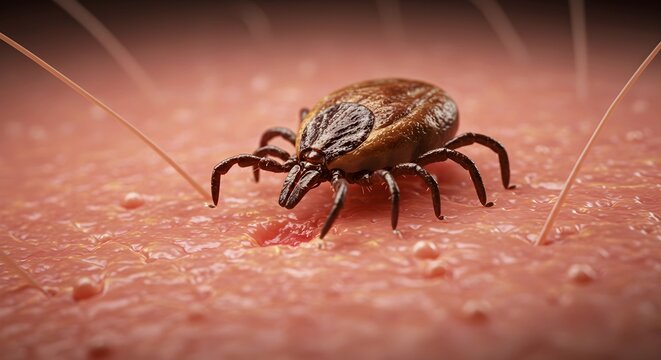 Hyperrealistic macro shot of a tick embedded in human skin, illustrating disease transmission risk such as SFTS. Detailed view of mouthparts and skin texture.