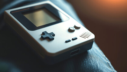 Classic Handheld Gaming Console Resting on Denim Jeans - Retro Video Game Device with Nostalgic Charm
