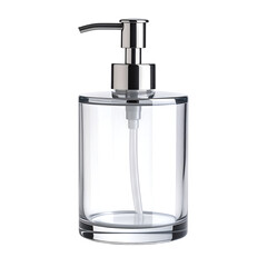Obraz premium Sophisticated Soap Dispenser: A stylish and modern soap dispenser with a gleaming chrome pump and a transparent glass body sits in a bathroom setting.