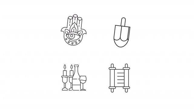 Jewish holiday celebration line animation set. Judaism traditions animated icons. Hanukkah, shabbat. Torah study, ancient. Outline elements on white background. HD video with alpha channel