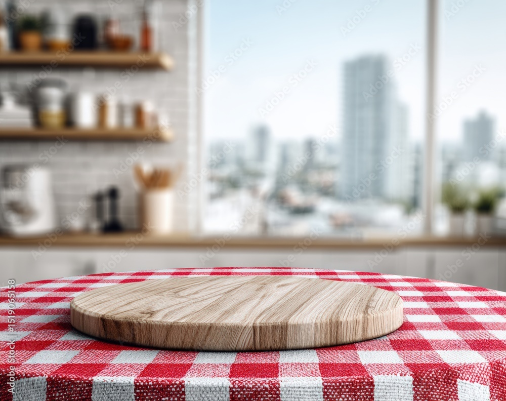 Poster empty round wooden pizza board lying on red and white checkered tablecloth in blurred kitchen with v