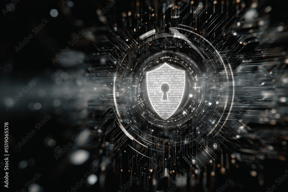 Poster digital shield with keyhole surrounded by circuit patterns against a dark abstract background