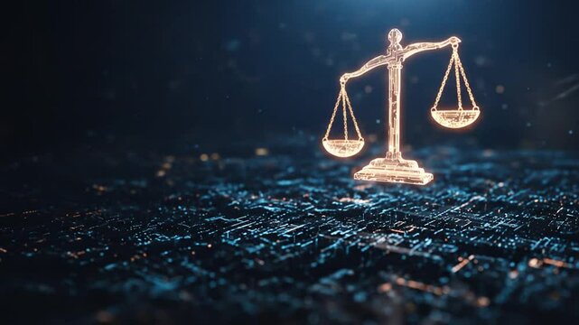 Digital illustration of scale of justice with abstract urban background