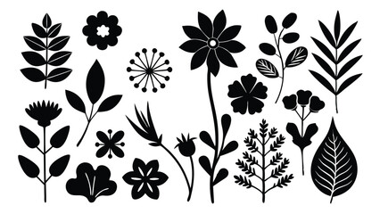 collection of black silhouette floral and botanical elements vector icon set