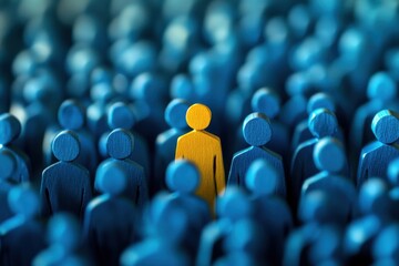 Obraz premium Unique Yellow Figure Among Blue Crowd People Business Concept Standout Individual One Team Many 