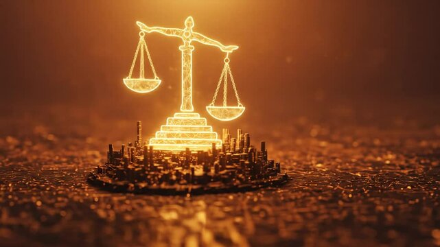 Digital illustration of scales of justice over a miniature city graphic design element
