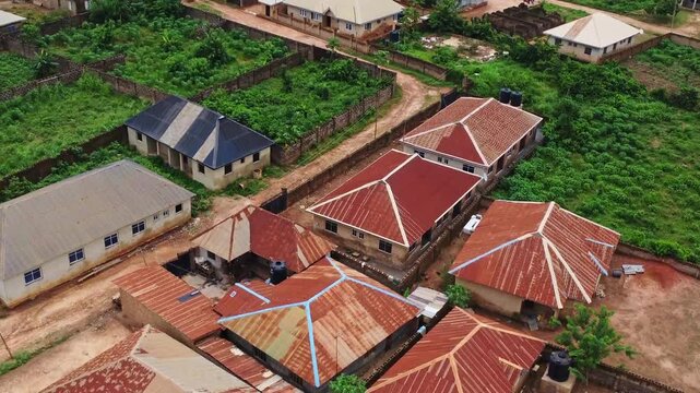 High angle view of a few houses in a rural community in Nigeria, Africa