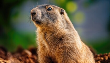 Fototapeta premium Charming Groundhog Amidst Blossoming Garden Under Warm Sunlight, Capturing Curious Glance and Vibrant Surroundings.