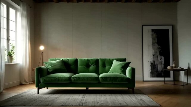 Deep green velvet sofa in a minimalist living room