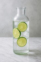 Clear bottle filled with water and ice cubes containing three lime slices on a marble surface top