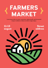 Vector farm house logo poster and banner. Linear organic farming illustration with field, sun, rays, place for text. Natural food icon background flyer for healthy fresh eco products, farmers market