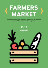 Vector food box icon poster. Farmer market wood crate illustration. Line grocery logo background with fresh organic fruits, vegetables. Healthy natural product design concept, flyer, banner